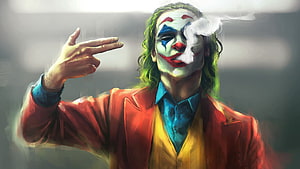 The Joker Digital Art Portrait Smoking Cigarette With Green Hair And Red Suit HD wallpaper