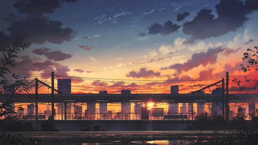 Anime Style Sunset Cityscape With Train Tracks And Overpass HD wallpaper