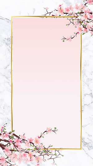 Elegant Pink Cherry Blossom Floral Frame on White Marble Background HD phone wallpaper