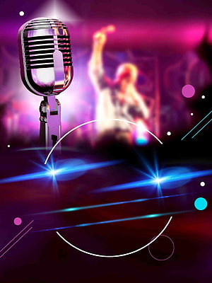 Retro Chrome Microphone on Stage with Neon Lights and Blurred Performer HD phone wallpaper