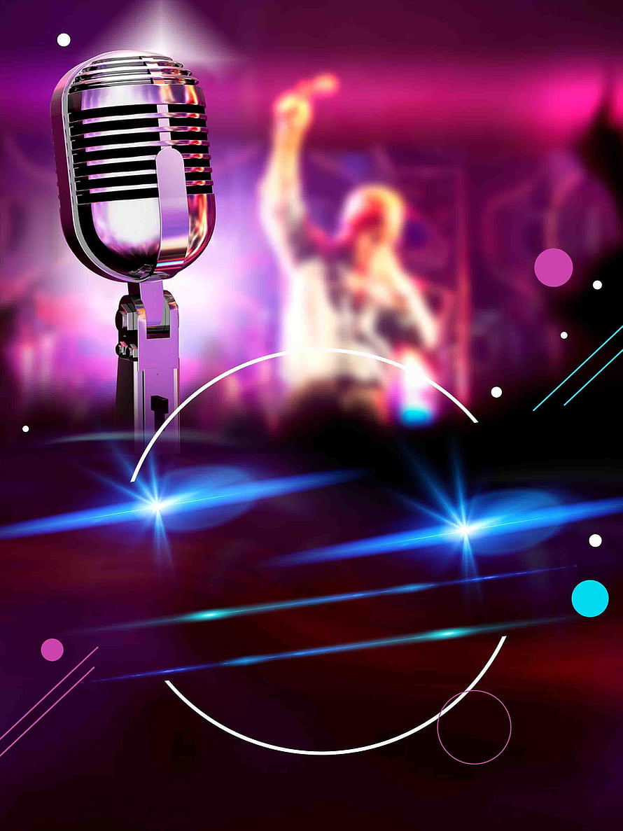 Retro Chrome Microphone on Stage with Neon Lights and Blurred Performer HD phone wallpaper
