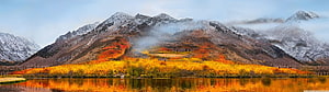 Snow-Capped Mountains with Vibrant Autumn Foliage Reflected in a Calm Lake HD wallpaper