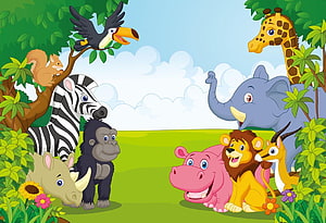Cute Cartoon Jungle Animals Gathering in a Colorful Forest Scene HD wallpaper