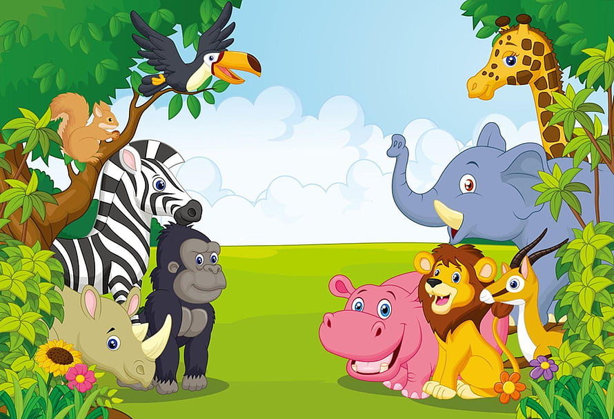 Cute Cartoon Jungle Animals Gathering in a Colorful Forest Scene HD wallpaper