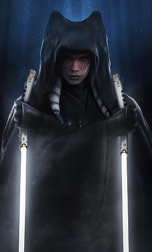 Ahsoka Tano wielding dual white lightsabers in dark hooded robes against a starry space background HD phone wallpaper