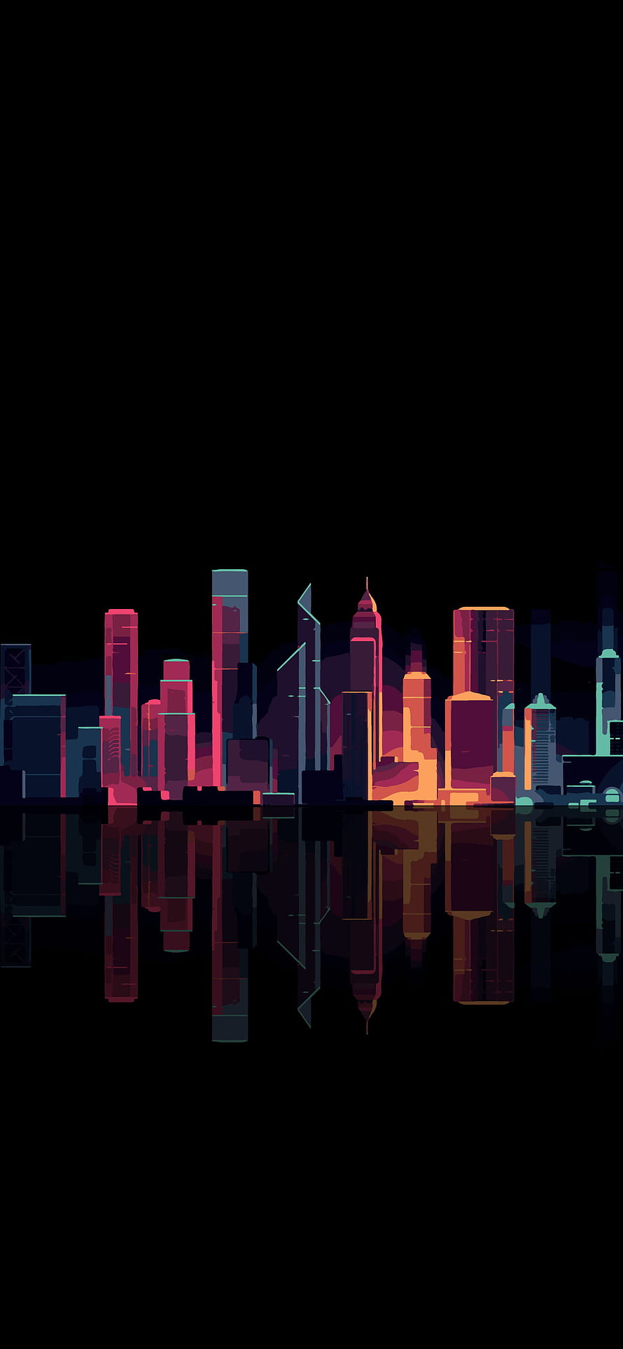 Cyberpunk City Skyline with Neon Reflections on Black Background HD phone wallpaper