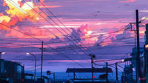 Vibrant Anime Sunset Over Cityscape With Power Lines And Birds HD wallpaper