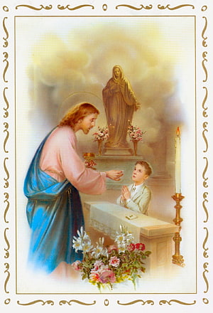 Sacred First Communion Scene With Jesus, Child, and Virgin Mary Statue HD phone wallpaper