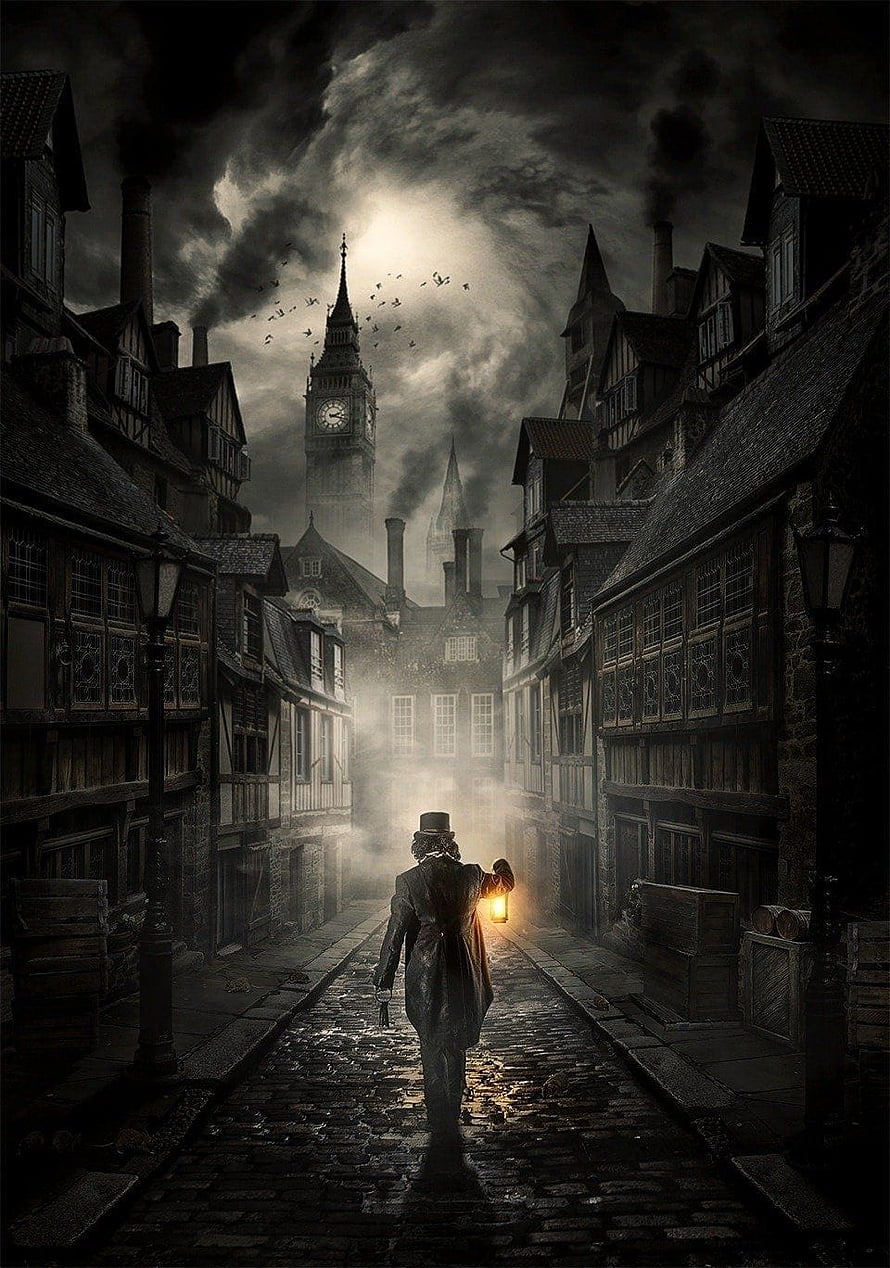 Victorian London Street Scene with Clock Tower and Lantern-Lit Figure HD phone wallpaper