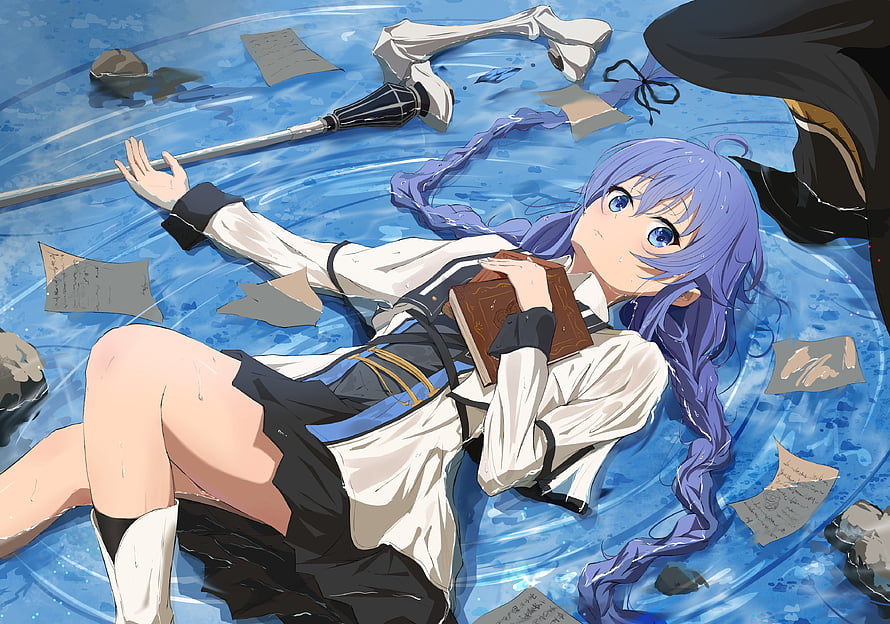Roxy Migurdia Anime Character Lying in Water Holding Book with Scattered Papers HD wallpaper