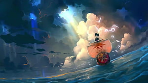 Thousand Sunny Pirate Ship Sailing Through Stormy Ocean With Dramatic Sunbeams HD wallpaper