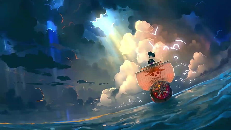 Thousand Sunny Pirate Ship Sailing Through Stormy Ocean With Dramatic Sunbeams HD wallpaper