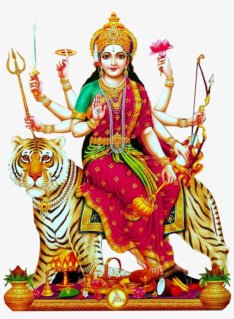 Goddess Durga Riding Tiger with Weapons and Pooja Thali HD phone wallpaper