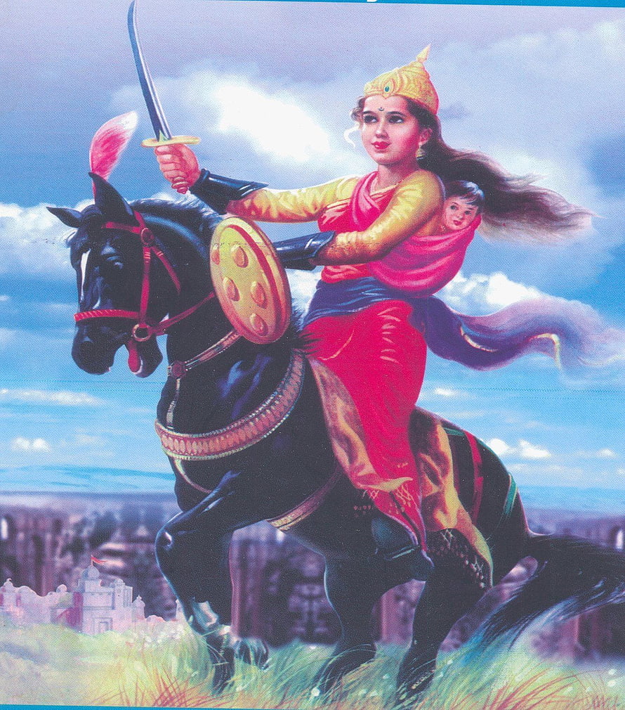 Rani Laxmi Bai on Horseback with Sword and Shield in Vibrant Traditional Attire HD phone wallpaper