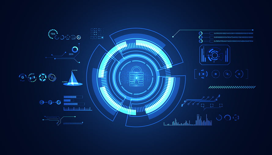 Futuristic Cyber Security HUD Interface with Digital Lock and Data Analytics Dashboard HD wallpaper