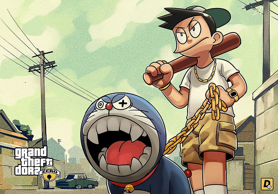Doraemon and Nobita in Grand Theft Auto Zero Style Street Art Illustration HD wallpaper