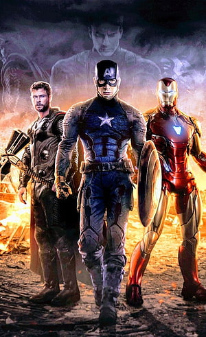 Captain America, Thor, and Iron Man Standing Together in a Dramatic Battle Scene, The Big Three: Captain America, Thor and Iron Man, thor iron man captain america HD phone wallpaper
