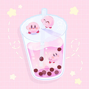 Cute Kirby Characters in a Pink Bubble Tea Cup with Stars and Grid Background HD phone wallpaper