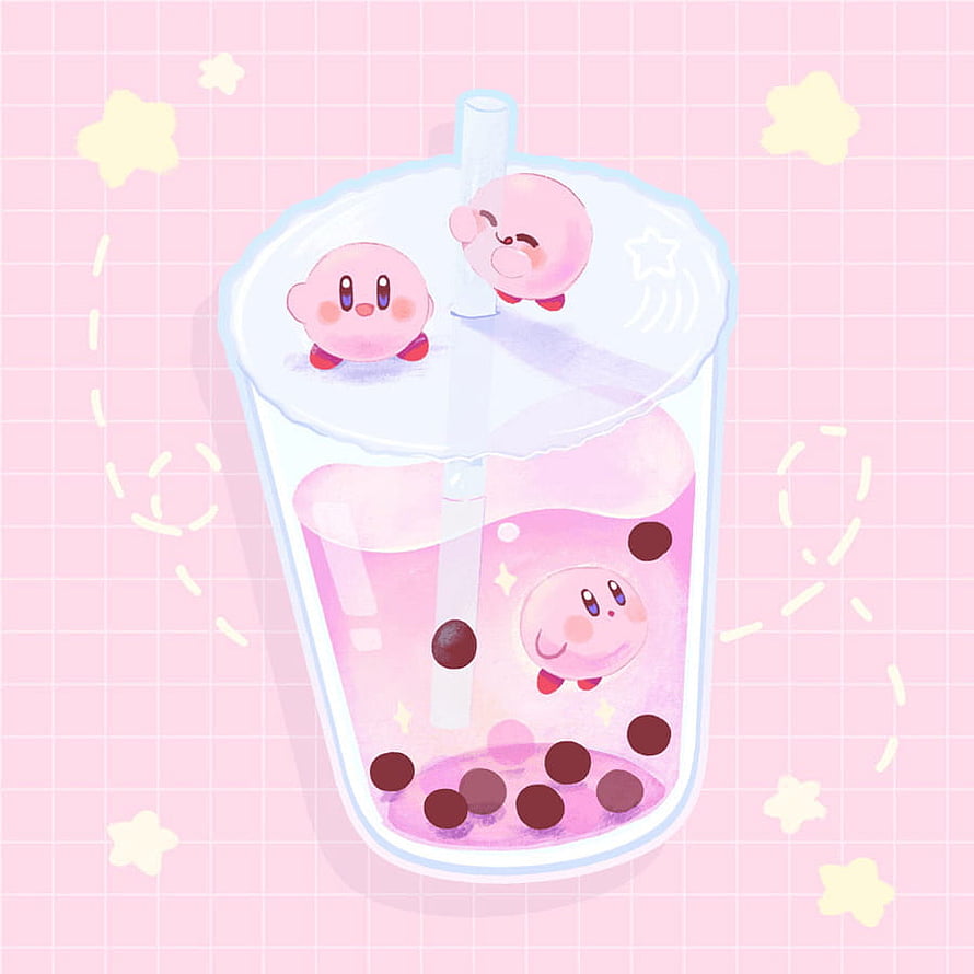 Cute Kirby Characters in a Pink Bubble Tea Cup with Stars and Grid Background HD phone wallpaper