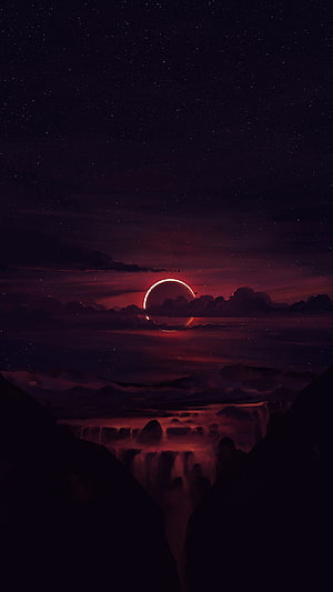 Mystical Red Eclipse Over Waterfall Landscape Digital Art HD phone wallpaper