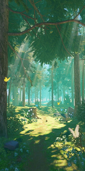 Sunlit Forest Path with Butterflies and Wildflowers in Anime Style HD phone wallpaper