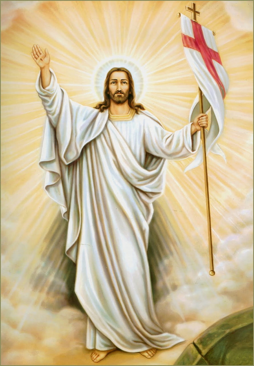 Jesus Christ holding a white flag with a red cross, standing in clouds with a radiant halo of golden light HD phone wallpaper
