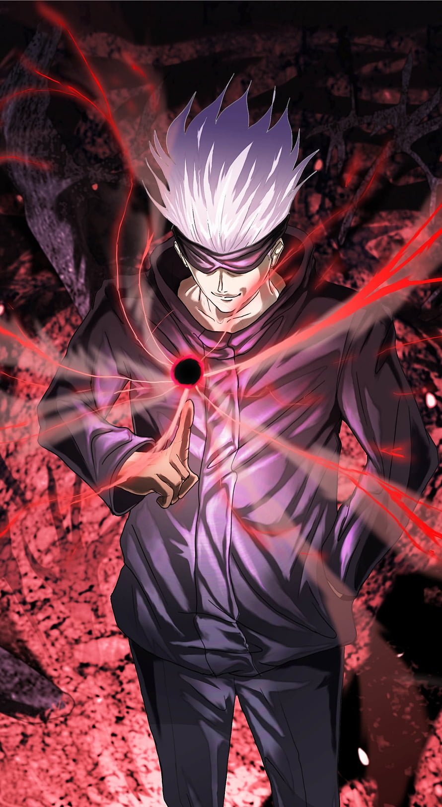 Satoru Gojo from Jujutsu Kaisen channeling dark energy with glowing red aura HD phone wallpaper