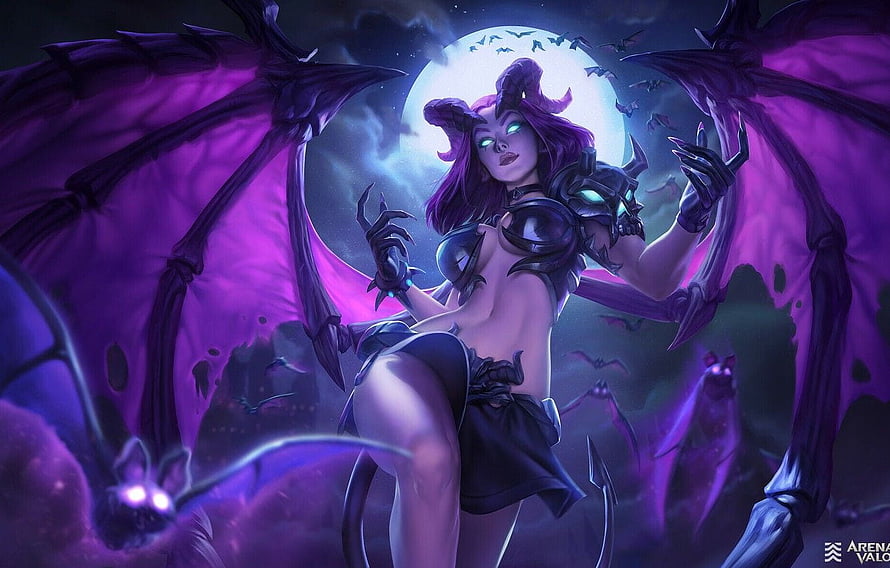 Succubus Fantasy Character with Purple Wings and Horns Under a Full Moon HD wallpaper