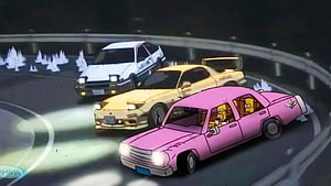 SpongeBob and Patrick Drifting in a Pink Sedan on a Nighttime Racetrack HD wallpaper