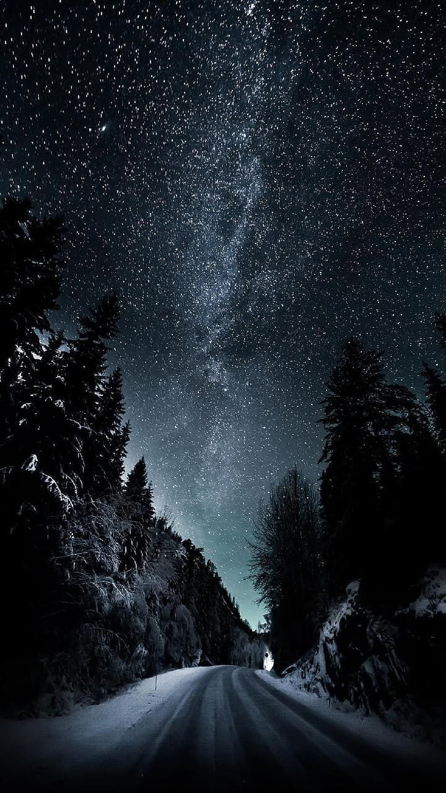 Snowy Forest Road Under a Starry Night Sky with the Milky Way HD phone wallpaper