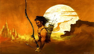 Fantasy Archer Warrior With Bow And Arrows Against Giant Moon And Distant Castle HD wallpaper