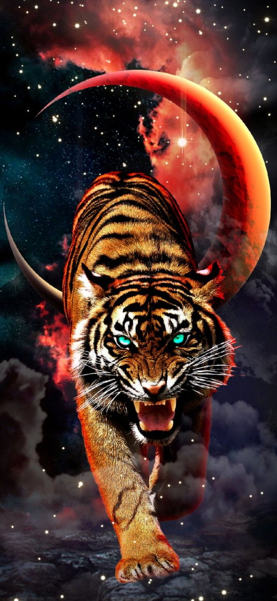 Fierce Tiger Roaring in Space with Red Crescent Moon and Nebula Background HD phone wallpaper