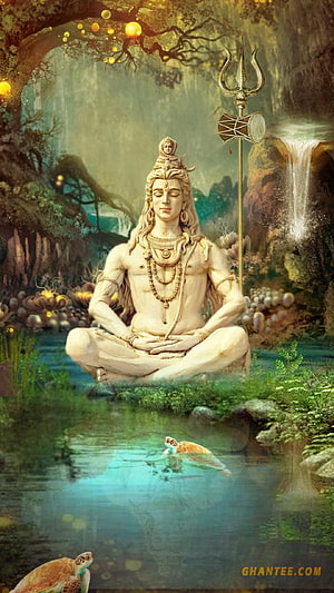 Lord Shiva Meditating in a Serene Forest with Trishul and Damru HD phone wallpaper