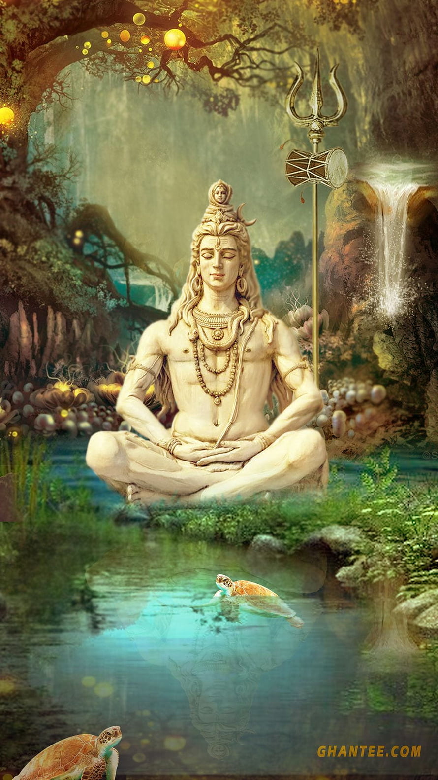 Lord Shiva Meditating in a Serene Forest with Trishul and Damru HD phone wallpaper