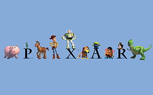 Pixar Toy Story Character Lineup Spelling Logo on Blue Background HD wallpaper