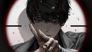 Anime Demon Boy With Red Horns And Eyes In Sniper Scope View HD wallpaper