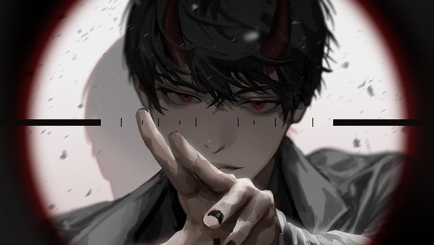 Anime Demon Boy With Red Horns And Eyes In Sniper Scope View HD wallpaper
