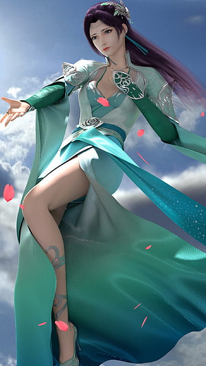 Yun Yun in flowing teal and green fantasy robes with silver armor and floating pink petals against a bright blue sky HD phone wallpaper