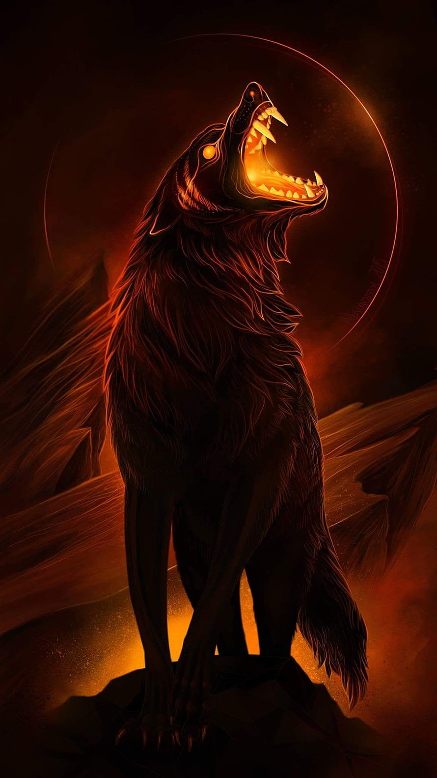 Fiery Demon Wolf Howling at a Glowing Moon in Dark Fantasy Landscape HD phone wallpaper