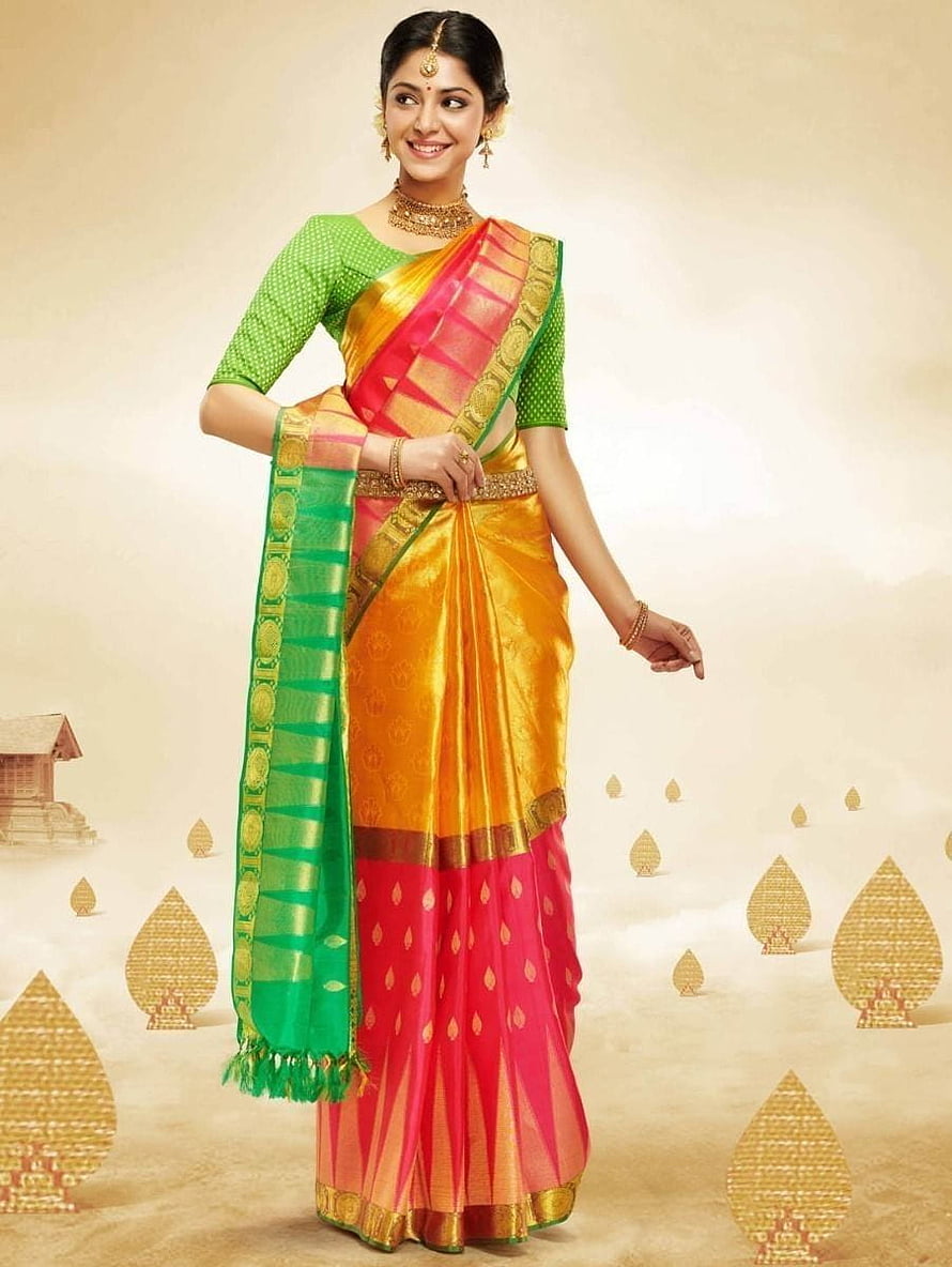 Elegant Woman in Vibrant Green and Pink Silk Saree with Gold Zari Border, Beautiful Model Saree, saree models HD phone wallpaper