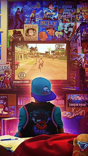 90s Kid Playing GTA San Andreas in a Retro Gaming Room with Nostalgic Posters HD phone wallpaper