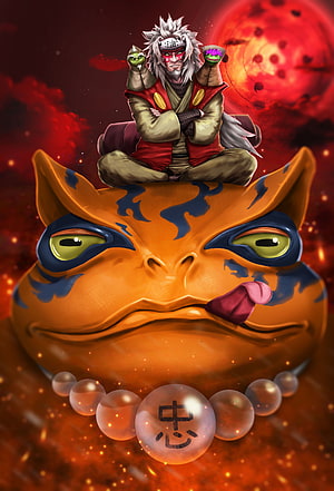 Jiraiya Sitting on Giant Toad Gamabunta with Red Moon Background Anime Wallpaper HD phone wallpaper