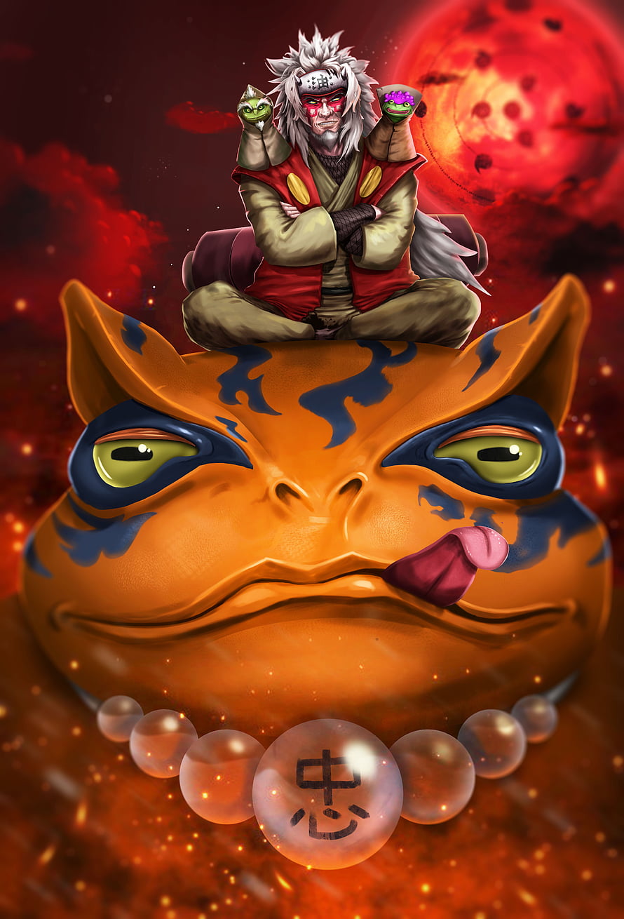 Jiraiya Sitting on Giant Toad Gamabunta with Red Moon Background Anime Wallpaper HD phone wallpaper
