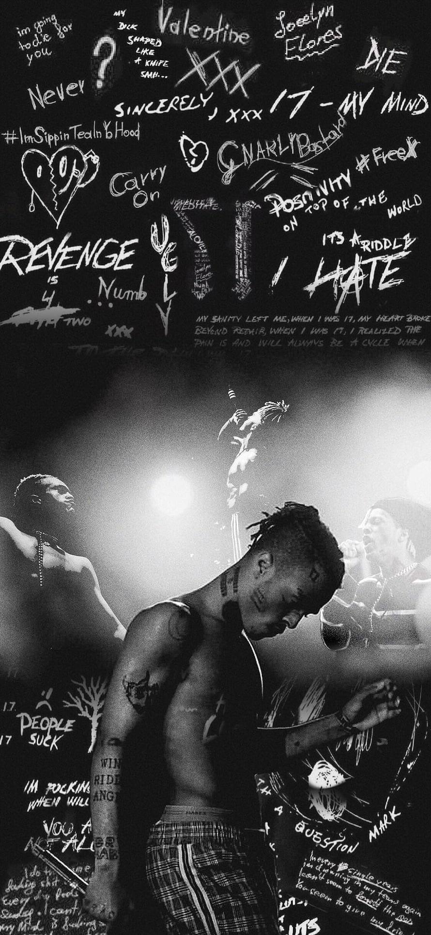 Lil Peep black and white aesthetic wallpaper with handwritten lyrics and graffiti text overlay HD phone wallpaper