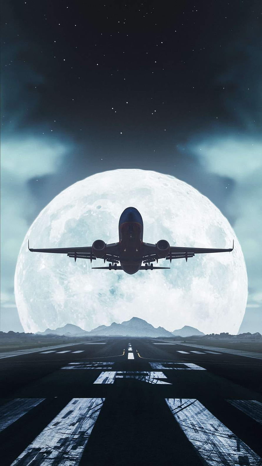 Airplane Taking Off Against Giant Moon Night Sky Wallpaper HD phone wallpaper