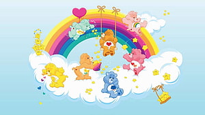 Care Bears Playing on Clouds Under a Rainbow with Stars and Hearts HD wallpaper