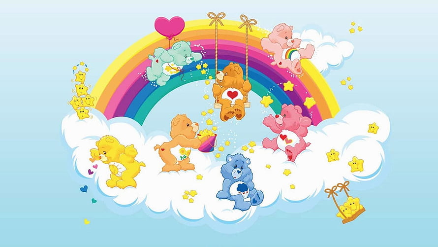 Care Bears Playing on Clouds Under a Rainbow with Stars and Hearts HD wallpaper