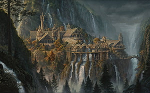 Rivendell Elven City in Misty Mountain Valley with Waterfalls and Gothic Architecture HD wallpaper