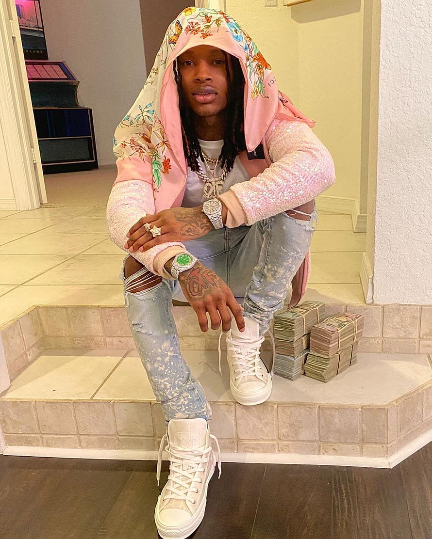 King Von in Pink Floral Hoodie and Sequined Jacket with Stacks of Cash HD phone wallpaper