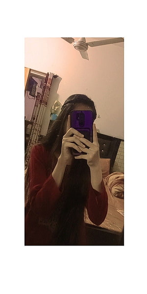 Girl Taking Mirror Selfie With Purple Phone In Bedroom HD phone wallpaper